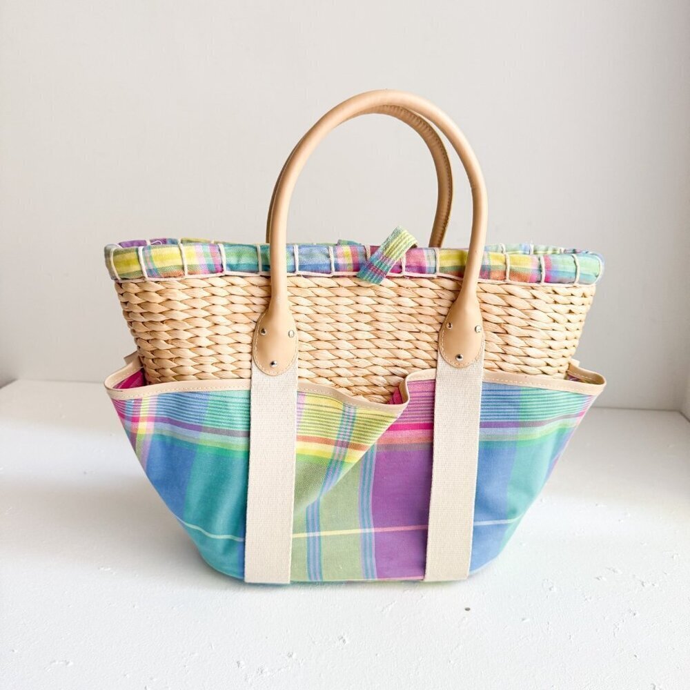 Ralph Lauren Woven Plaid Pastel Fabric Detail Small Basket Tote - Picture 4 of 8